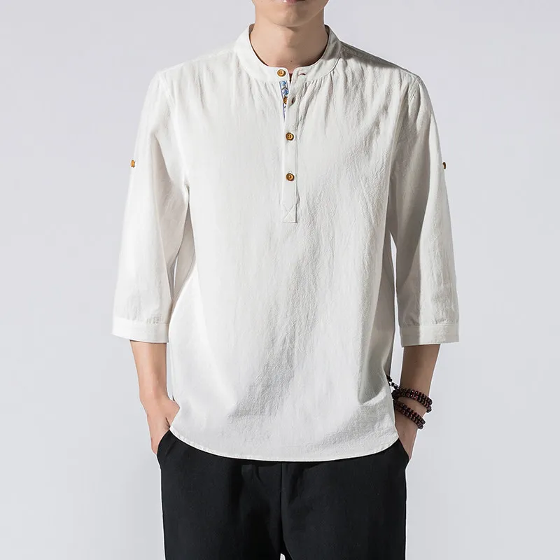 Camisas Casuales de Estilo Chino para Hombre, Primavera-Verano, Color Sólido, Algodón, Cuello Mao, Manga Corta, Transpirables, Tallas Grandes