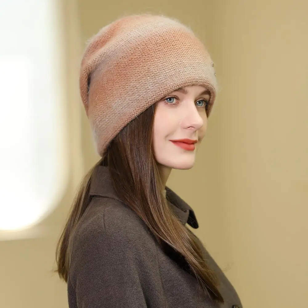 Topi Musim Dingin Wanita Berbahan Bulu Kelinci Gradasi, Topi Beanie Dekoratif Modis, Topi Musim Dingin Hangat Untuk Wanita, Topi Rajut Kasual Streetwear