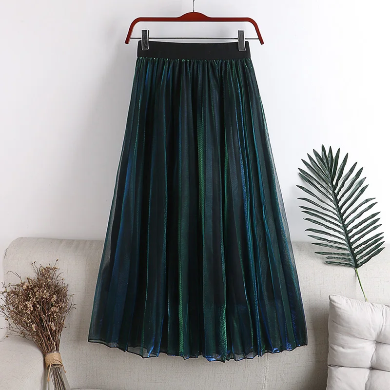 2024 New Summer Skirts Woman Mid-Calf Mixed Color Gradient Mesh Skirt A-Line Elegant Female Glitter Tulle Skirt Faldas Saias