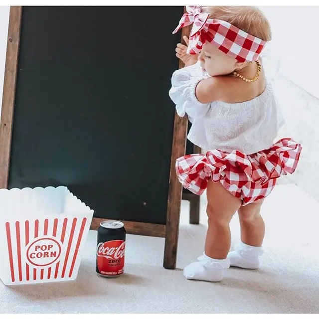 3PCS Baby Girl Summer Outfits Cold Shoulder Lace Crops Top Plaid Skirts Bloomer Shorts Headband Sets