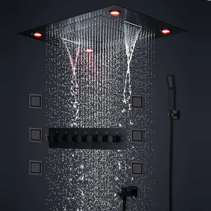 Black Shower Set 24'' Bathroom Faucet Set Electricity LED Bath Large Rain Misty Waterfall 4'' Body Jets Massage