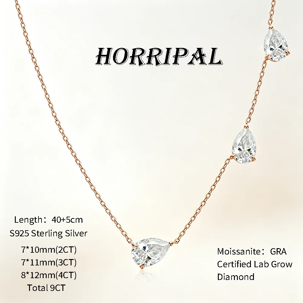 HORRIPAL 3-Stones Waterdrop Moissanite Pendant Necklace for Women GRA S925 Silver New Classic wedding Party Luxury Fine Jewelry
