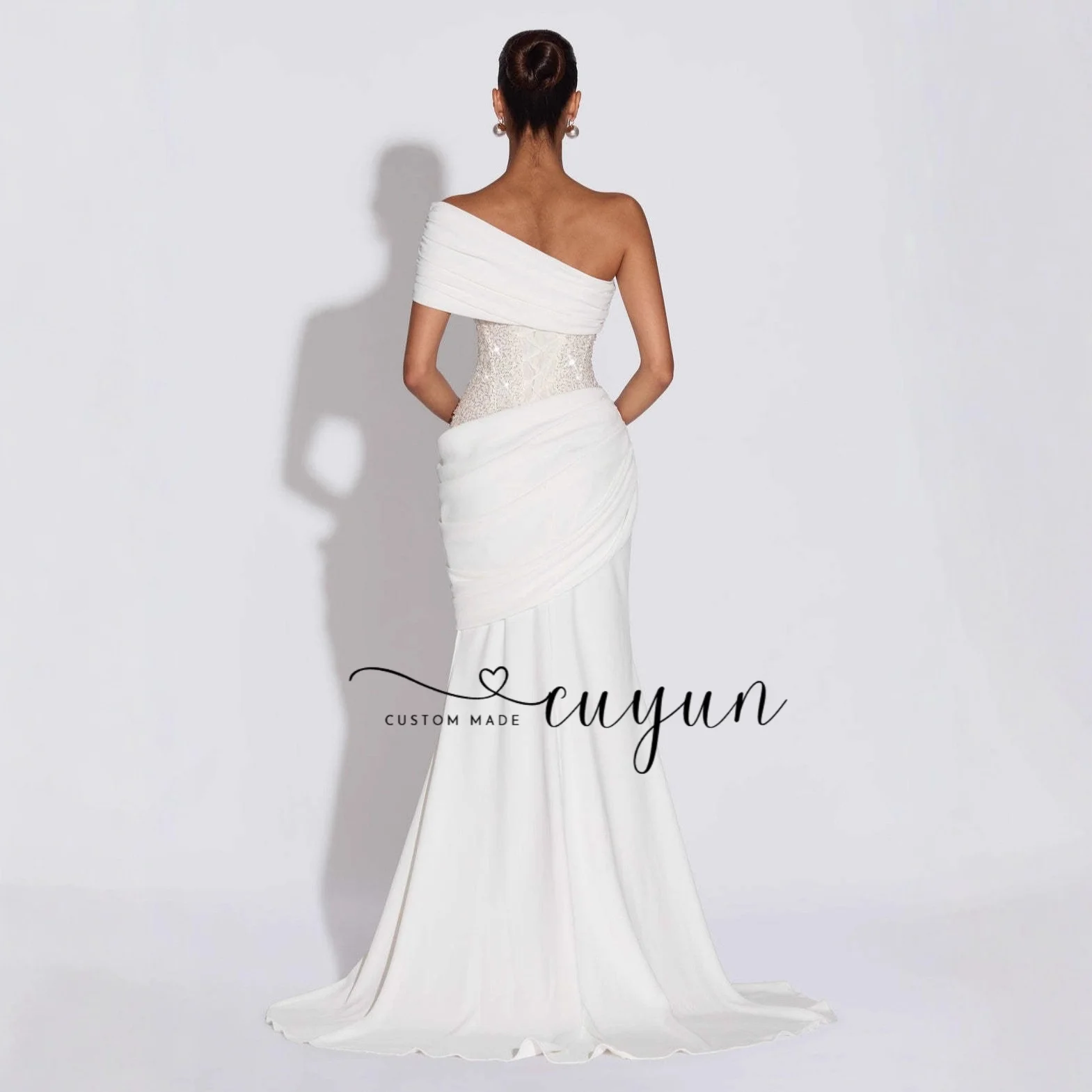 CUYUN Customized Slanted Mermaid Evening Gown Off Shoulder Pleated Backless Women's Slim Fit Elegant Party Dresses 2027