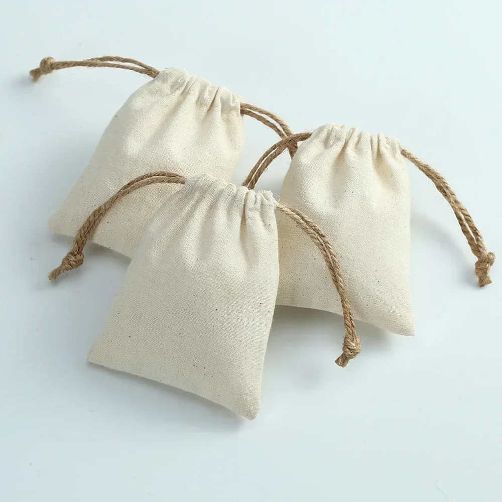 Cotton Burlap Jewelry Packaging Pouches Organizer Wedding Christmas Party Candy Bag Present Mariage Jute Drawstring Gift Bag