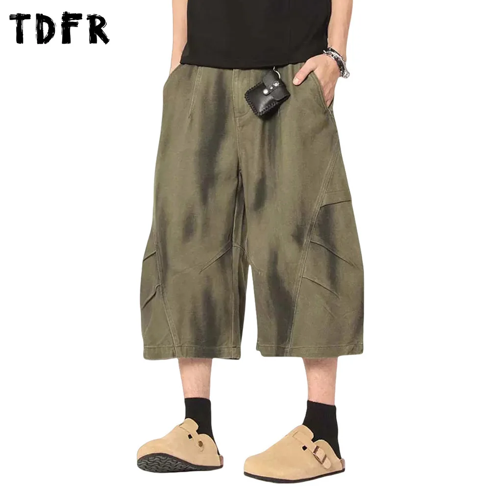 Distressed Dirty Wash Cargo Shorts Mens Pleated Spliced Summer Safari Style Elastic Waist Loose Wide Leg Cropped Trousers Men