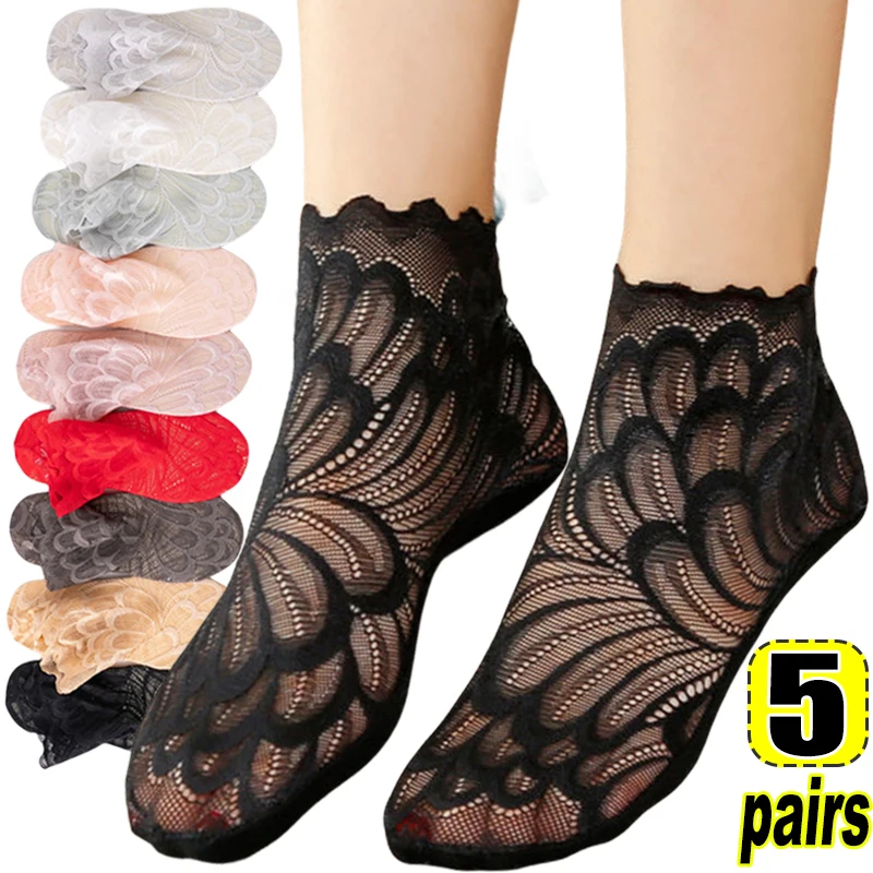 

1/5pairs Invisible Women Hollow Lace Flower Socks Sweet Non-slip Thin Boat Sock Sexy Female Ankle Sox Summer Elastic Hosiery