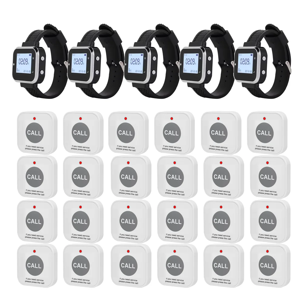 CATEL Wireless Calling System Guest Call  Waiter Pager 5 Watch Receiver + 24 Call Button Queue System for Restaurant