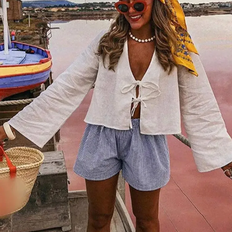 2024 Summer White Lace up Shirt Women's Elegant Loose Long Sleeve V-neck Shirt Women's Solid Color Casual Street Fashion Women's