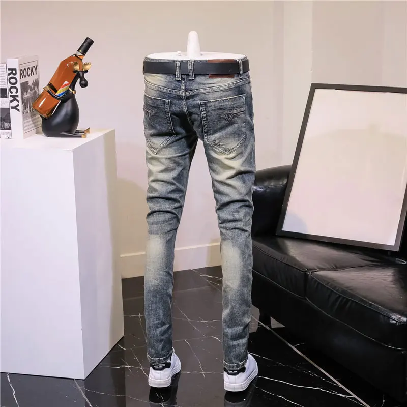 Fashion Designer Men Jeans Retro Washed Stretch Slim Fit Ripped Jeans Men Embroidery Patched Vintage Y2K Denim Pants Hombre