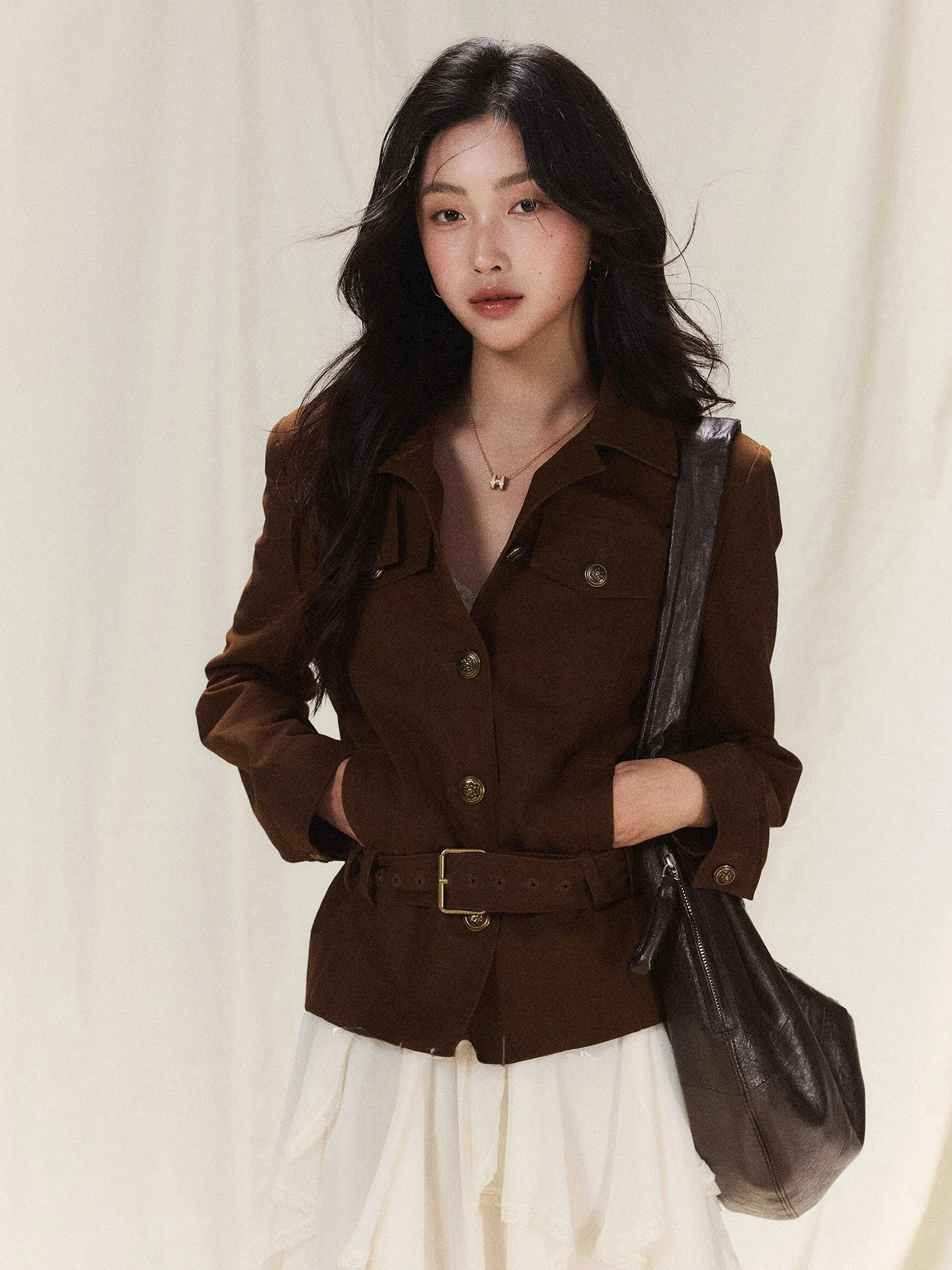 

Retro Collar 00 Cotton Workwear Jaet ort Fem Model Turn-down Collar Women's ort Jaet Casual Lapel Button up