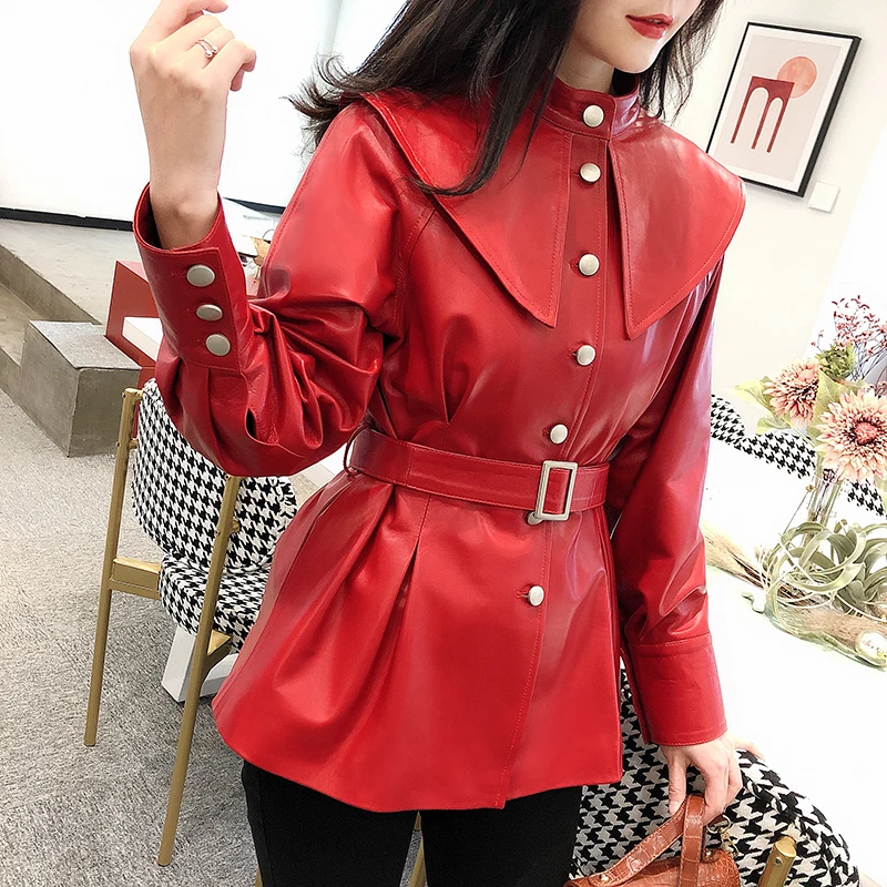 2023Designer 100% Genuine Leather Jacket Women Autumn Slim Sweet Sheepskin Windbreakers Streetwear Red Office Lady Sashes Coat