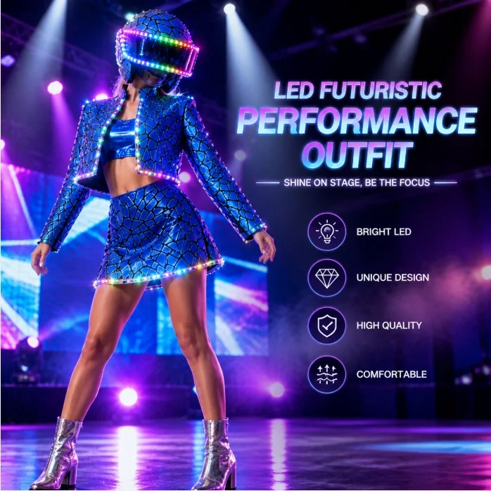 

2026 New Laser Mirror Fabric LED Sequin Dress Women Blue Red Gold Pink Nightclub Stage Performance Costume Singer Dance Wear