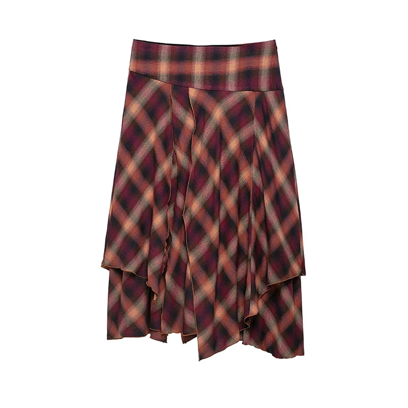 YENKYE Women Multicolored Plaid Midi Skirt High Waist Double-layer Sexy Slit Asymmetrical Skirts