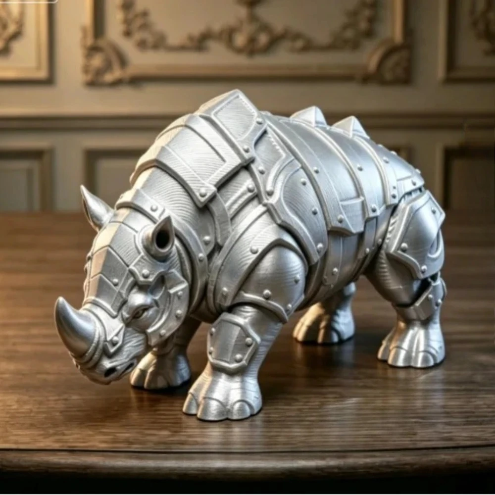 3D Printed Mecha Armored Rhino Mini Figurine Medieval Rivet Punk Sculpture Cool Tabletop Ornaments Decor for Study Office