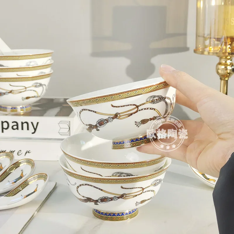 

Modern Home Fashionable Rice Bowl Home Gift Tableware Gift Box Exquisite Luxury Bone Porcelain Set Six Bowls and Six Spoons