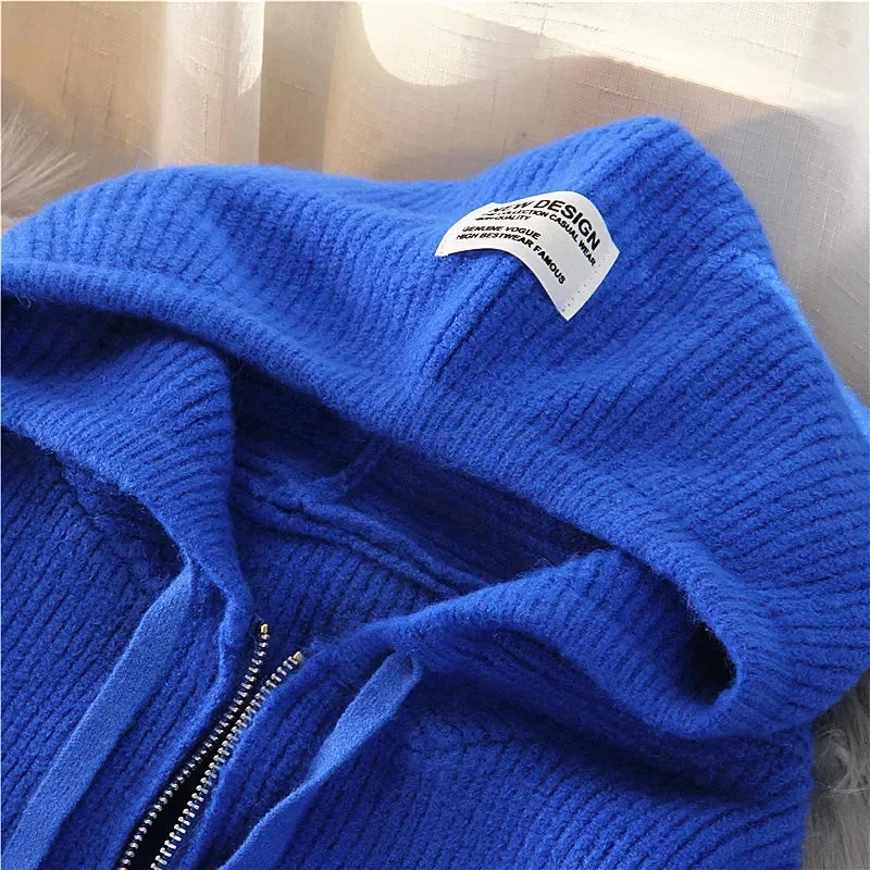 2024 Autumn And Winter New Clothing Fashion Thick Solid Color Hooded Cardigan Zipper Coat Sweater Women\'s Loose Top Thickened