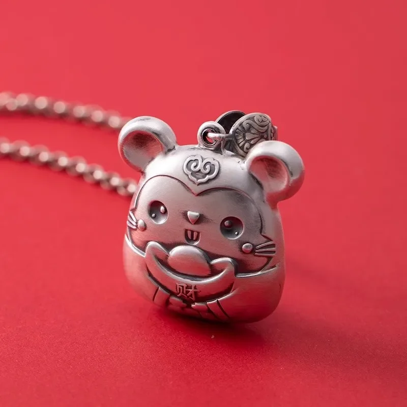 Classic Zodiac Cartoon Yuanbao Cute Mouse Pendant 925 Silver Vintage Simple Necklace Chinese Style Charms Banquet Jewelry