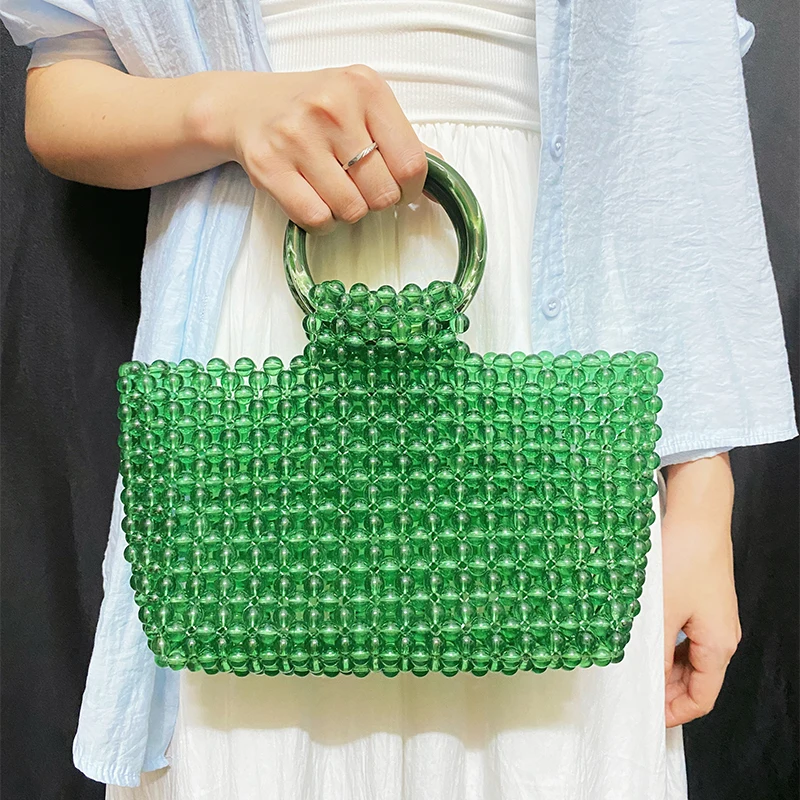 

New personalized green bead handmade bead woven acrylic fashionable and versatile circular double loop handbag