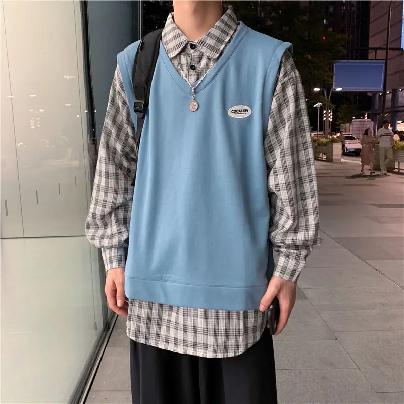 

Fashion Plaid Patchwork Hoodies Men's Clothing Fake Two Pieces Spring Autumn New Korean Loose Casual Lapel Button Sweatshirts