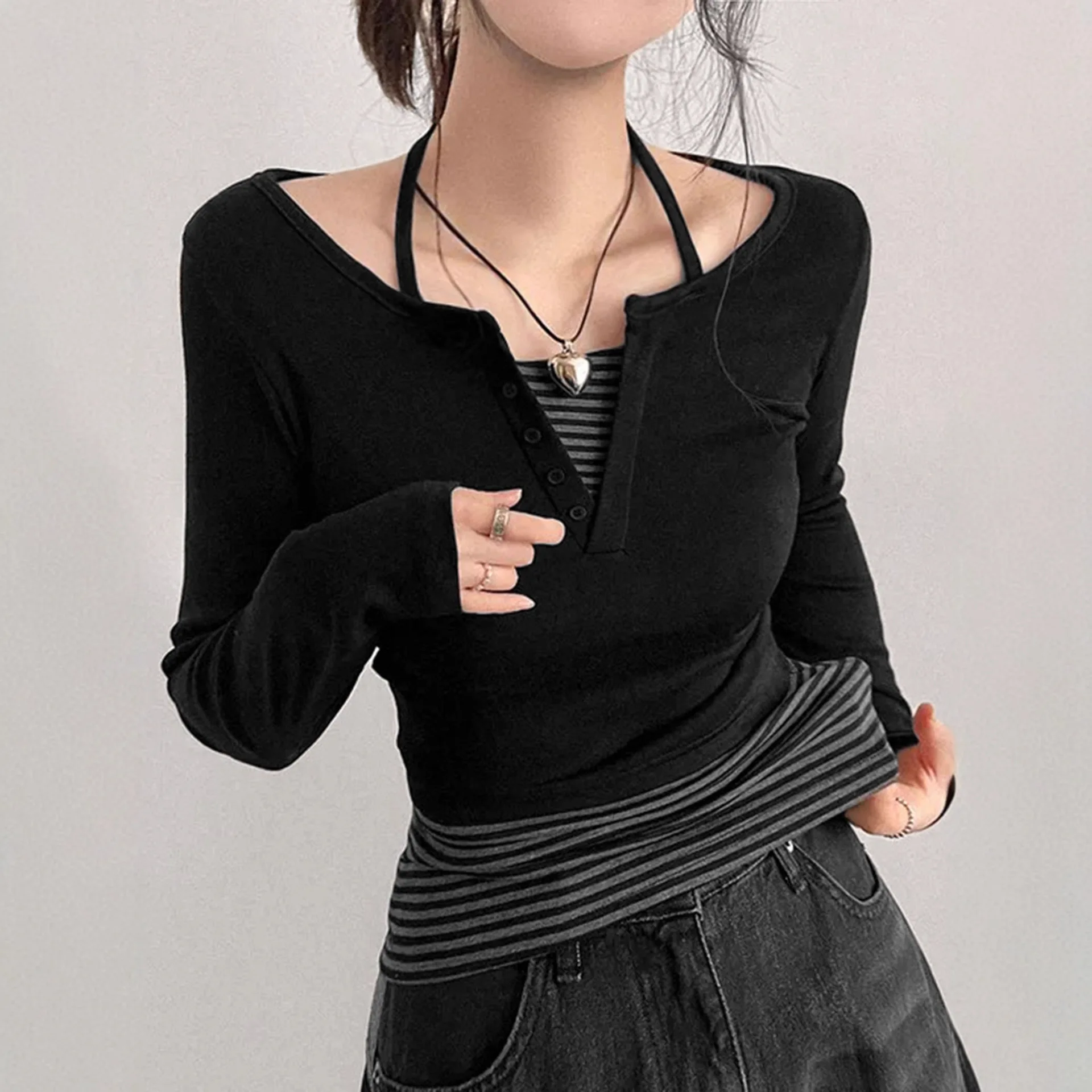 

Женский комплект из двух предметов контрастного цвета, полосатая майка с лямкой на шее + футболка с половиной планки и длинными рукавами, осенне-зимняя модная универсальная одежда