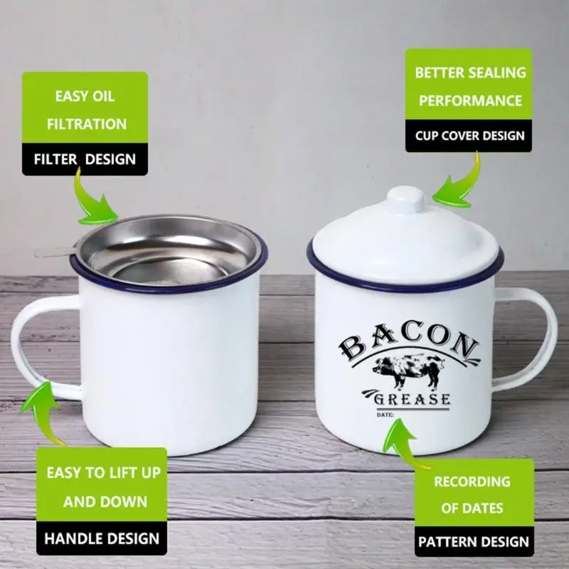 L9BE Retro Enamel Lard Pot With Double Handle 1200ML Mini Stews Bowl Kitchen Storage