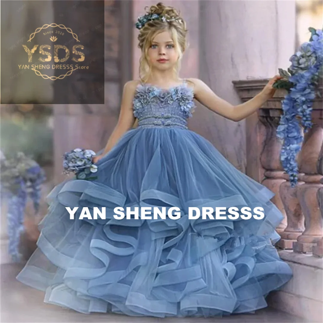 Customized Flower Girl Dresses Dusty Blue For Wedding Lace Floral Appliques Tiered Skirts Girls Pageant Dress Kids Birthday Gown