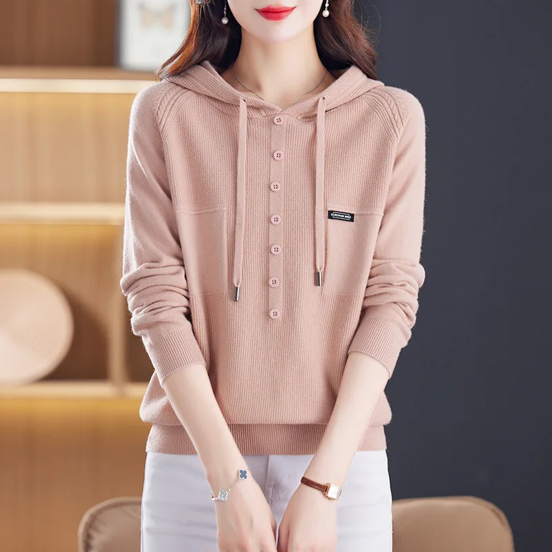 Hooded Long Sleeve Women's Sweater New Knitting Woman Clothing Spring Autumn Pullover Top 2026 Pulls Femmes Knitwear Blouse