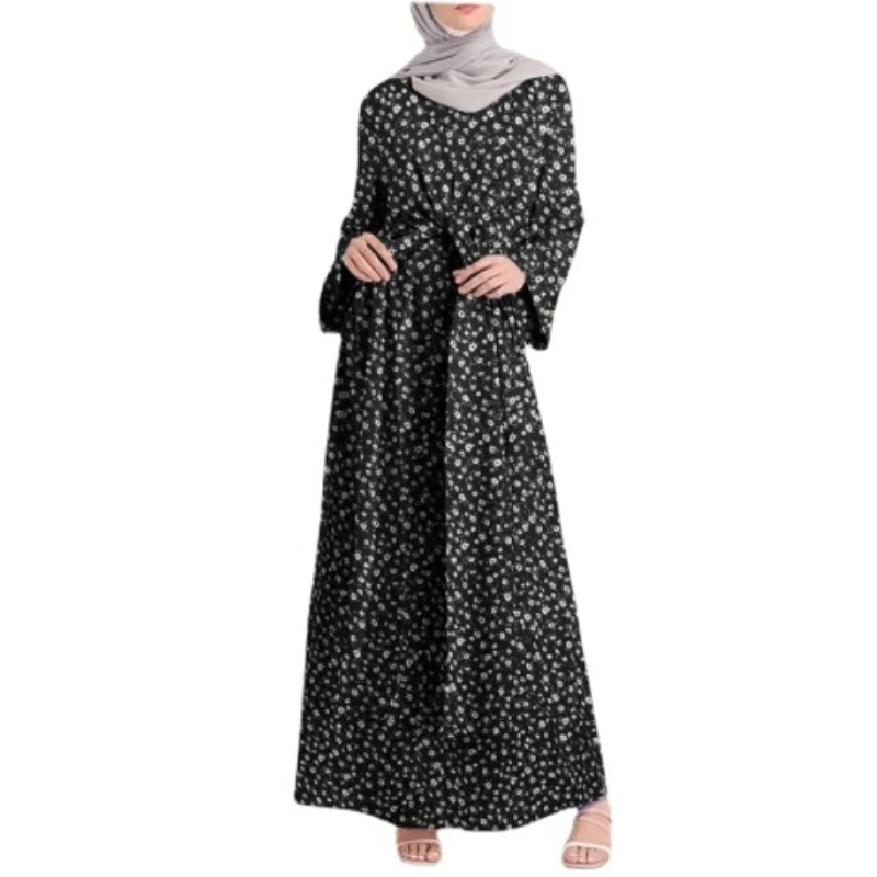 2022 Middle East Muslim Dress Robe Arab Turkey Dubai Fashion Solid Color Elegant Simple Print Dress Robe Abaya Moroccan Kaftan