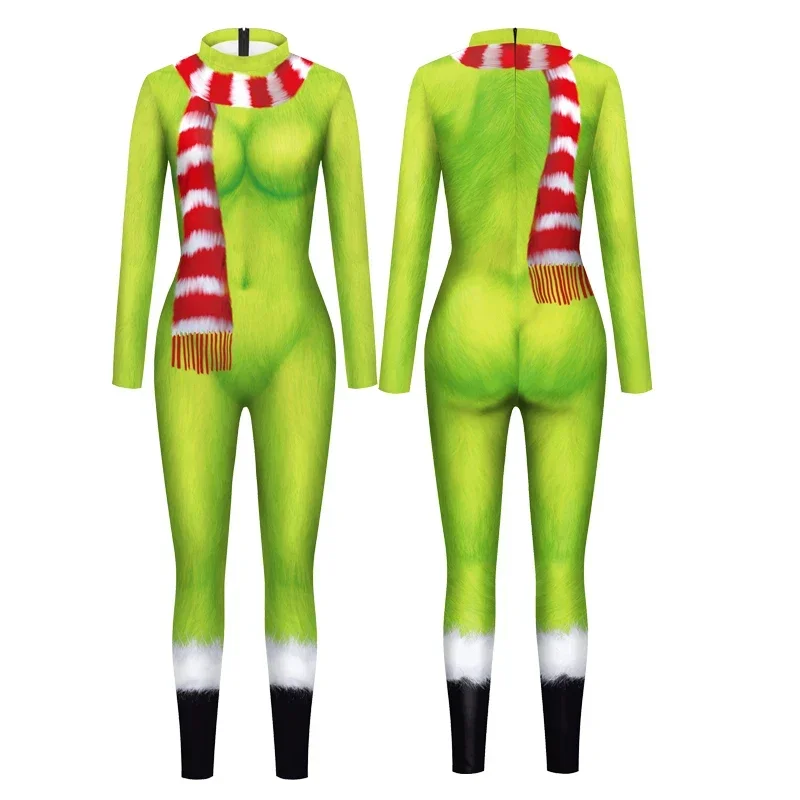 تأثيري الأخضر الرجل نمط زي عيد الميلاد المرأة بذلة ثلاثية الأبعاد طباعة عيد الميلاد ملابس للحفلات Zentai دعوى عطلة مثير Catsuit