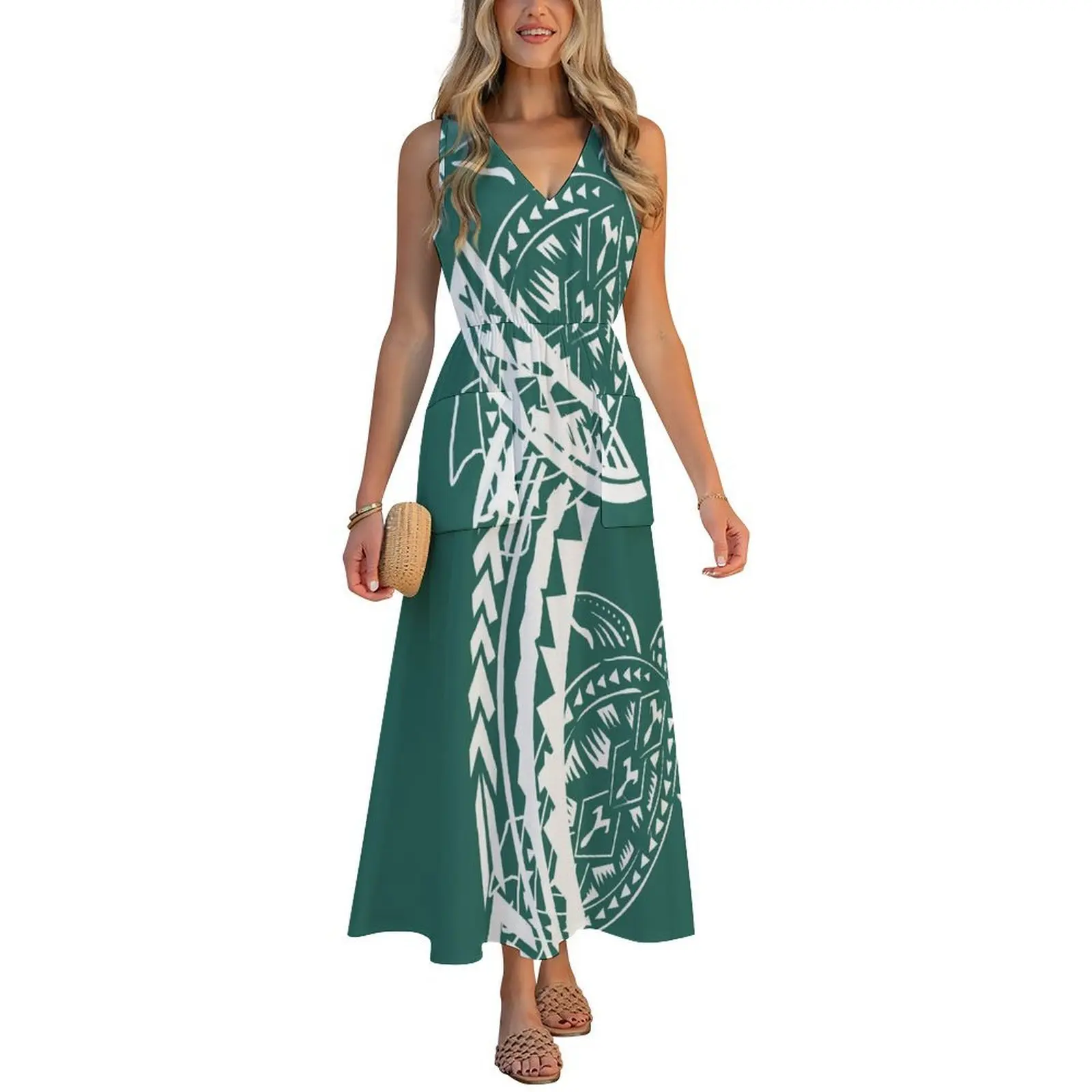 Customizable Comfortable And Soft Fabric V-Neck Dress Hawaiian Tropical Flower Patterned Beach Dress