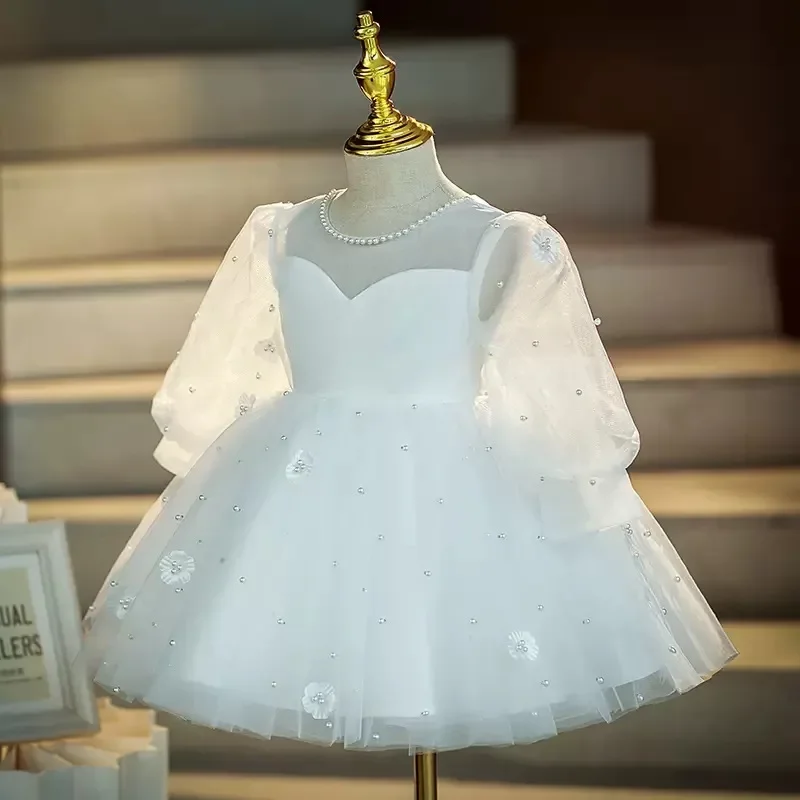 

Teenmiro Elegant Party Dress for Child Girls Infants Beading Tulle White Dresses with Big Bow Kids Christening Ball Gowns