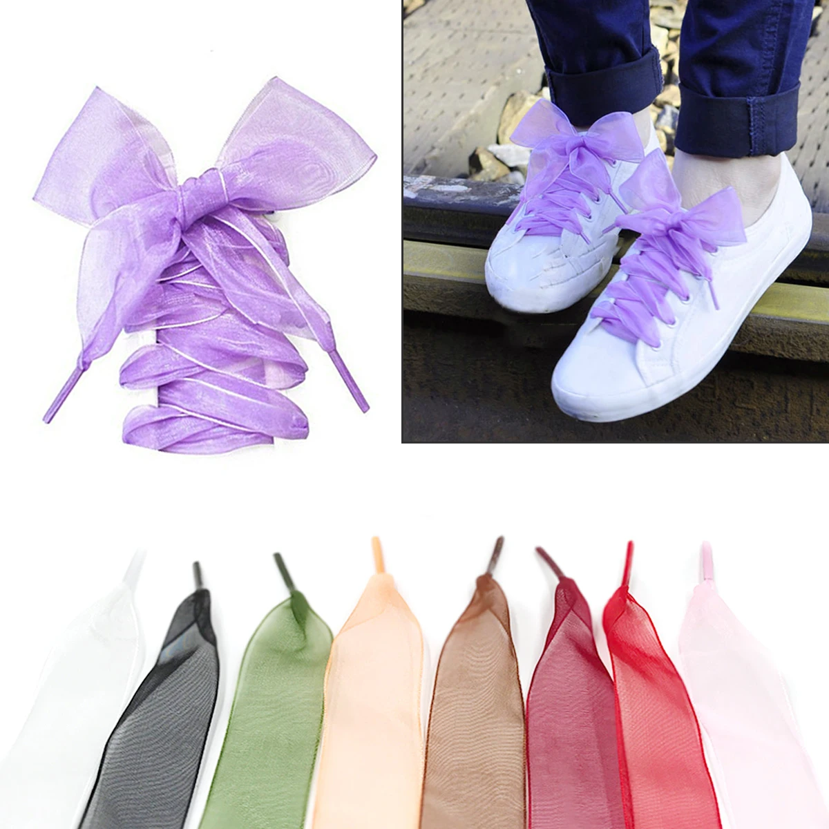 

Wide Lace Shoe Laces Transparent Shoestrings for Sneakers Trainers Boots Casual Shoes DIY Gift White Widening Organza Ribbon