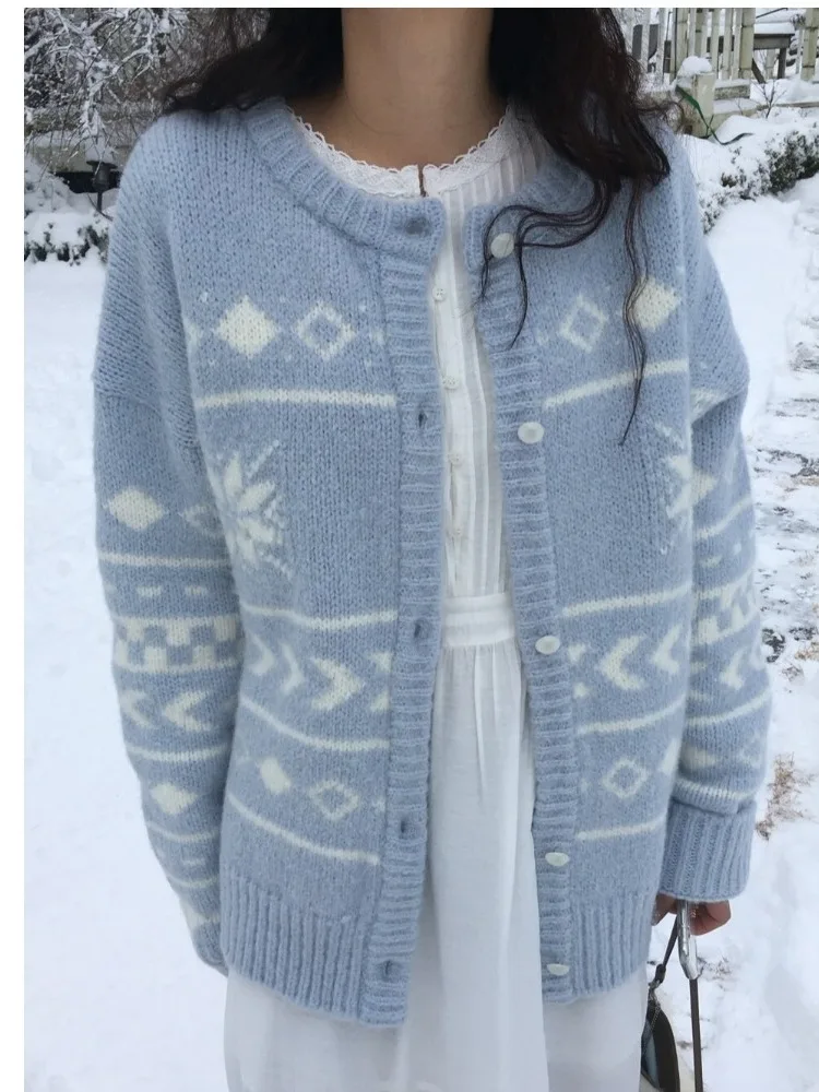 Blue Knitted Open Cardigan Women's Chic Winter Sweater Jaet Loose Fit Polyester Fiber Single Button Thiened Winter Outerwear