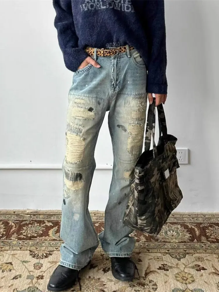 

2024 Ropa Grunge Y2K Streetwear Ripped Stacked Jeans Pants For Men 90S Vintage Clothes Straight Kanye Old Hip Hop Denim Trousers