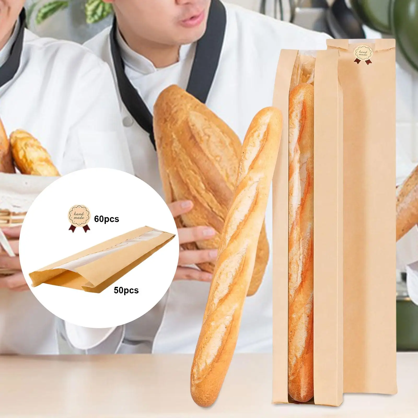 

50x Long French Bread Bags Kraft Paper And 60 Stickers Paper Bread