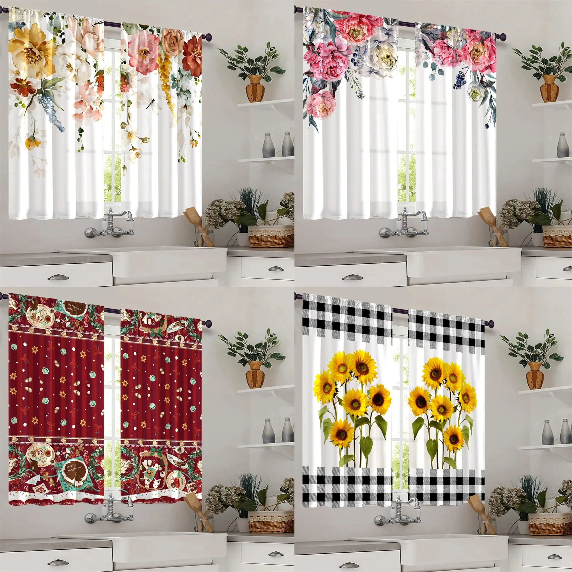 2pcs Modern Multicolor Flower Plaid Sunflower Digital Printing Household Decor Rod Pocket Curtain Kitchen Curtain Living Room