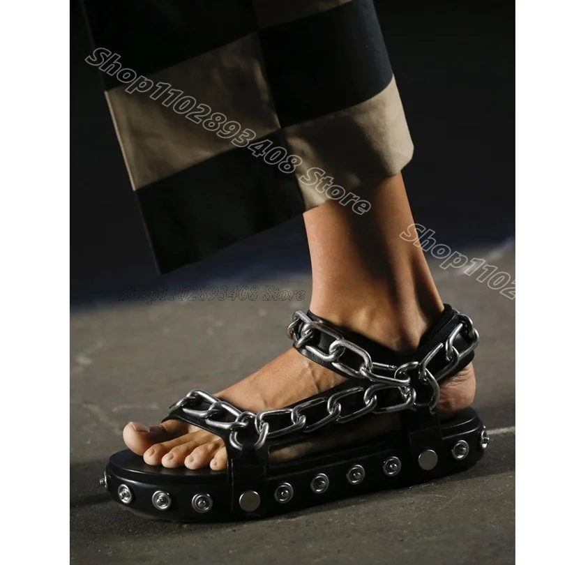 Black Chain Rivet Decor Sandals Open Toe Solid British Style Summer Casual Design for Women Sandals 2024 Zapatos Para Mujere