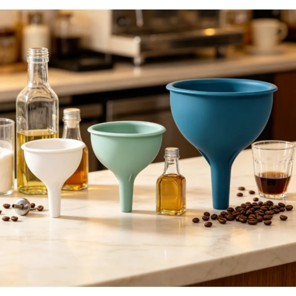 Farberware Soft-Handle Silicone Kitchen Funnel Set, Blue, Sage Green, and Grey - 3-Piece Set
