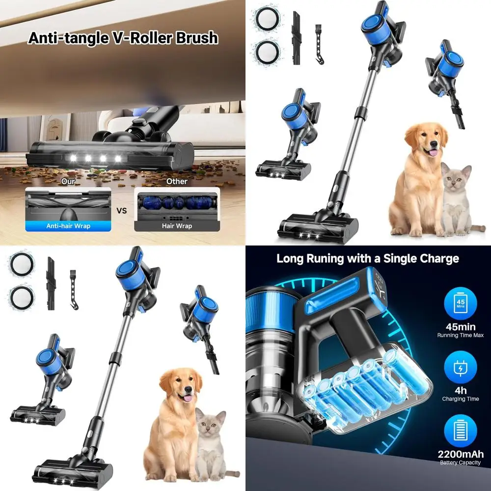 Aspiradora de varilla inalámbrica liviana 8 en 1, tiempo de ejecución de 45 minutos, antienredos, ideal para pisos de madera dura, alfombras, pelos de mascotas