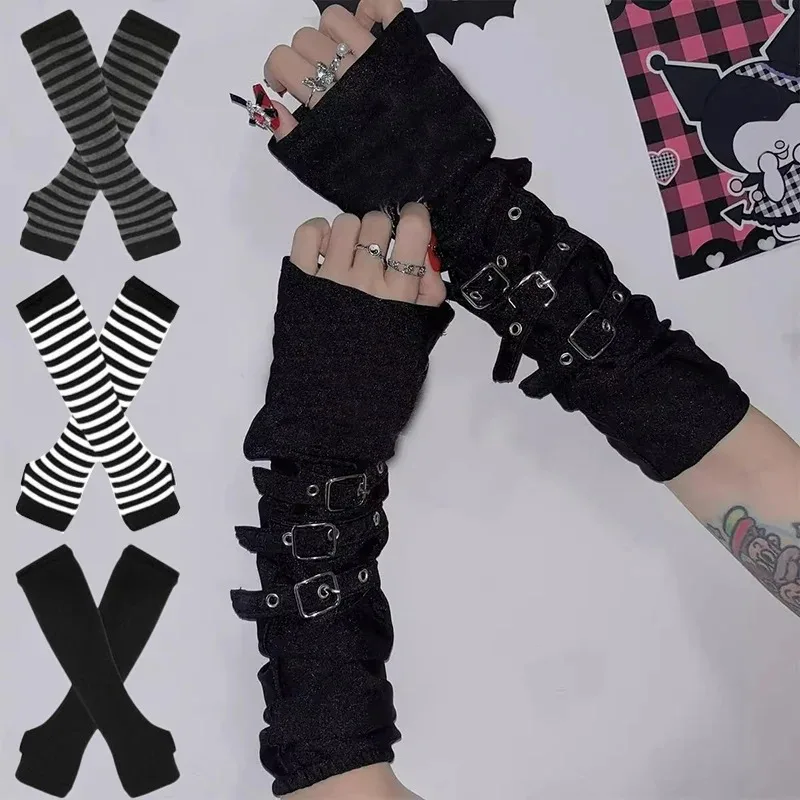 Guante gótico de Lolita para hombre y mujer, cubierta para brazo, calentadores de brazo Harajuku, pulsera larga Punk sin dedos a rayas, guantes de