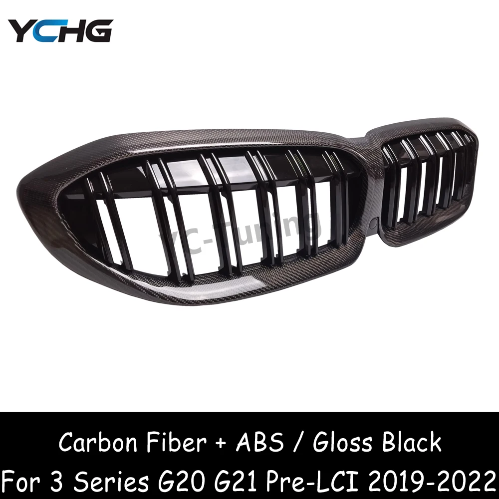 G20 Double Line ABS + Carbon Fiber Glossy Black Front Bumper Grille For BMW 3 Series G20 G21 Pre-LCI  320i 330i M340i 2019-2022