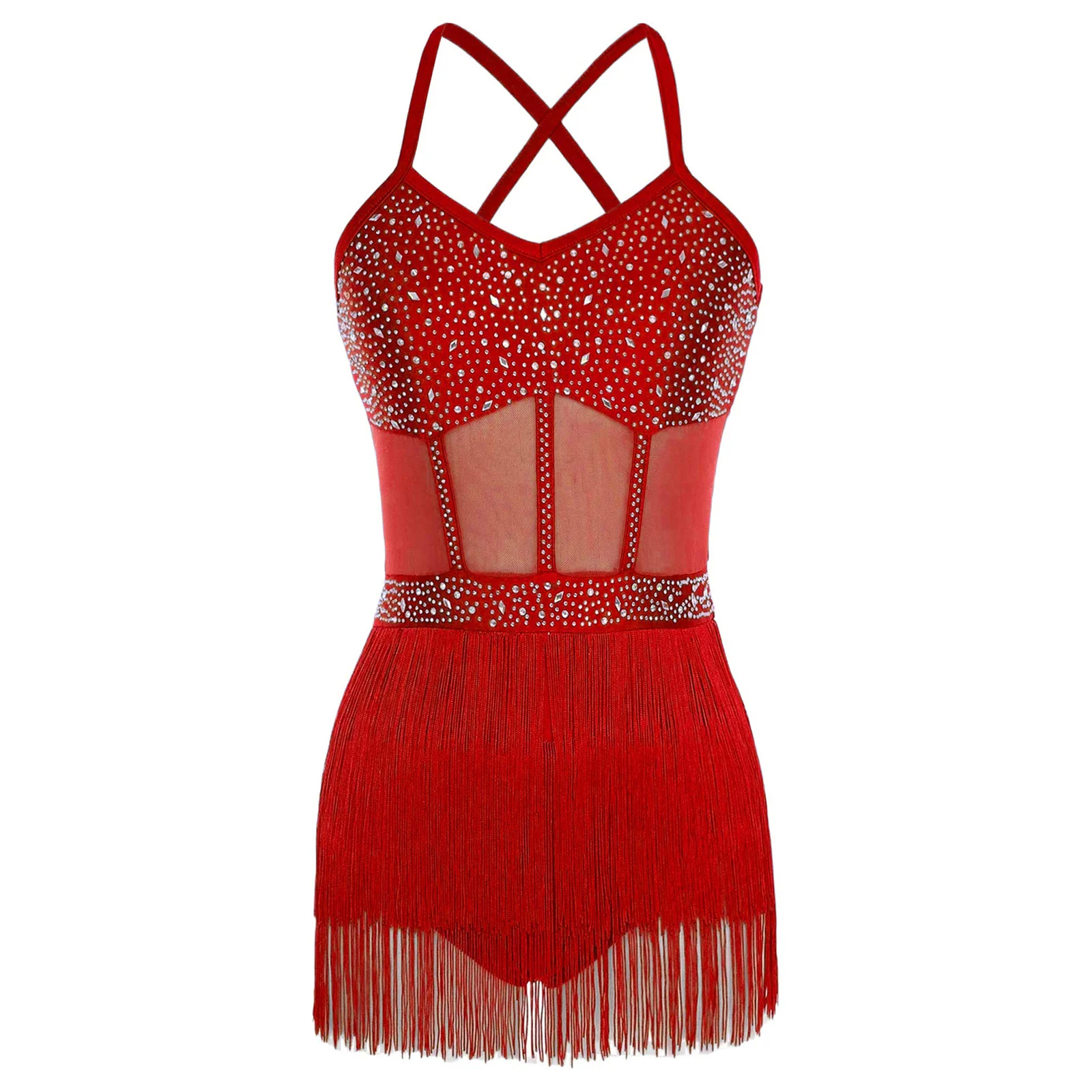 

Womens Latin Tango Samba Dance Leotard Dress Sheer Mesh Patchwork Tiered Tassel Dress And Gloves Set Lyrical Latin Dancewear
