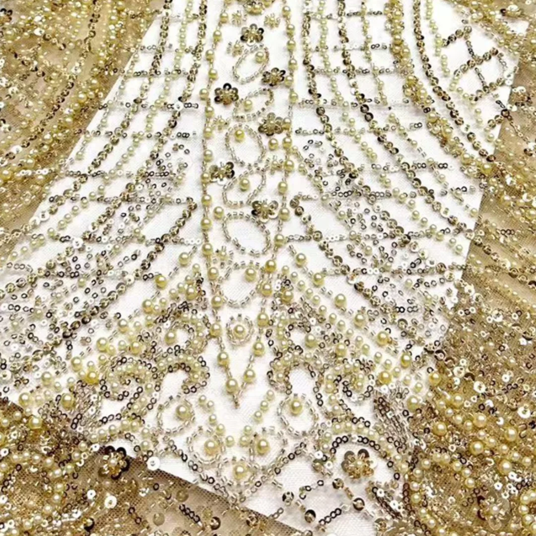 

African French Lace Fabric Sequined Beaded Embroidered Tulle Net Nigerian Dress Material for Party Wedding Bridal Lace Fabric