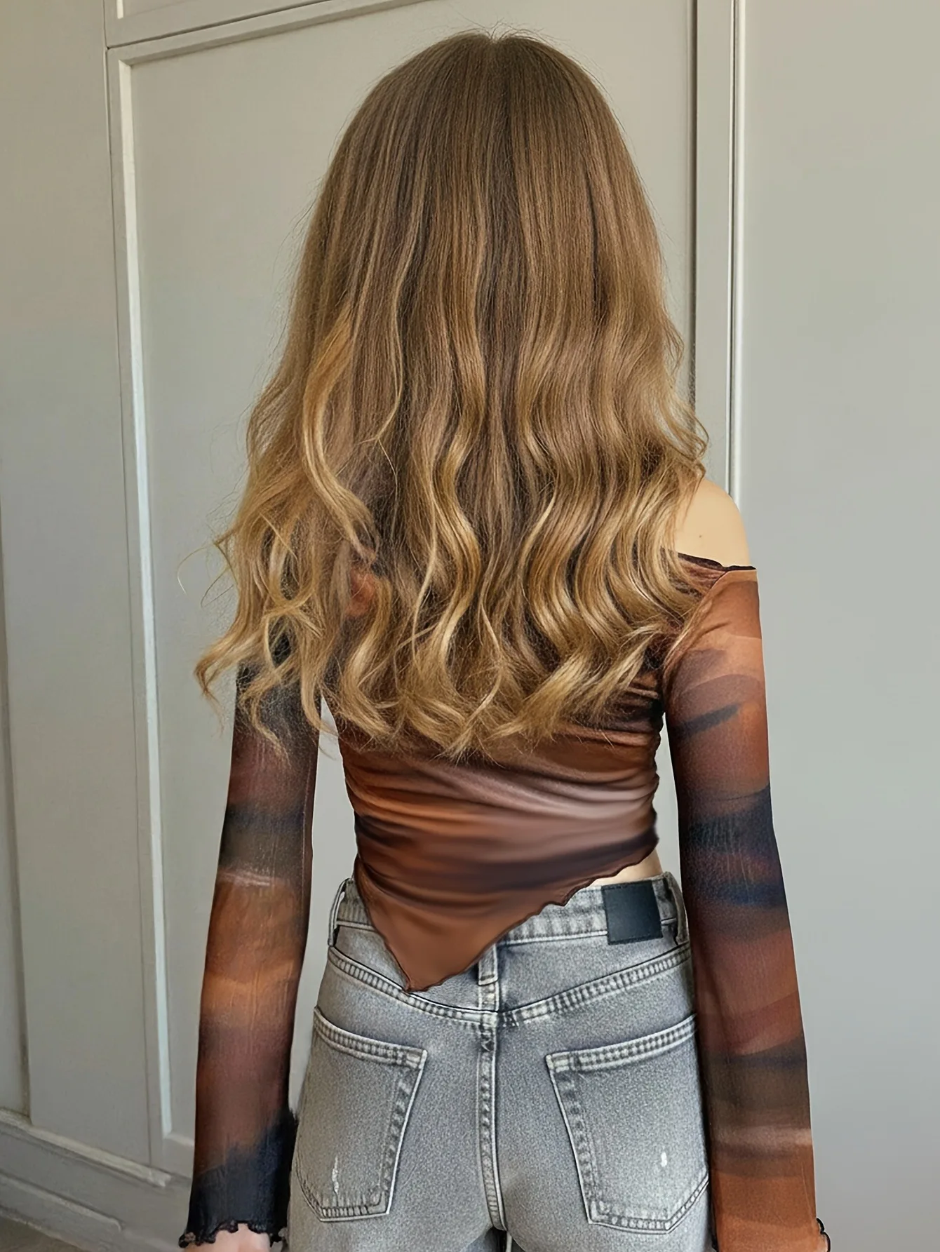 Kids Girls Brown Tie Dye Sheer Mesh Off Shoulder Long Sleeve Ruched Asymmetrical Hem Crop Top Y2K Streetwear