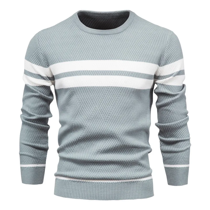 Men Striped Knit Sweater Autumn Winter Casual Pullover Crew Neck Long Sleeve Soft Warm Fashion Jumper