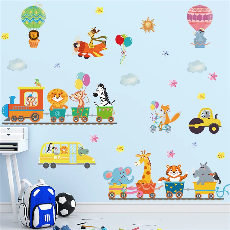 Cute Animals Car Bus Train Plane Balloon Wall Sticker For Home Decoration Traffic Mural Art Diy Kids Bedroom Decal Pvc Posters