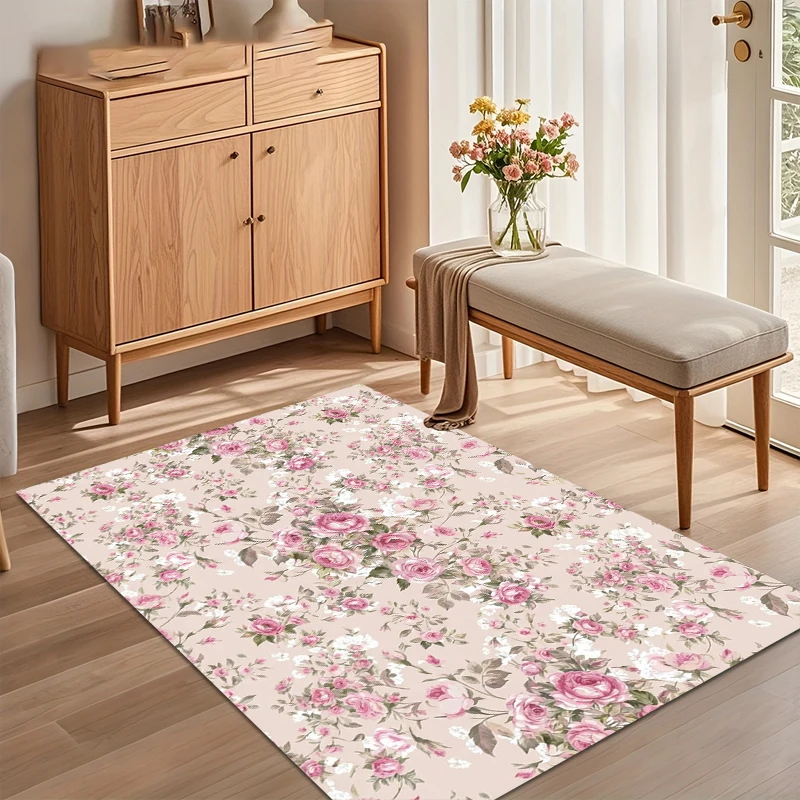 Light Pink Rose Floral Medallion Area Rug for Living Room Bedroom Shabby Chic Home Decor Soft Non Slip Washable Floor Mat
