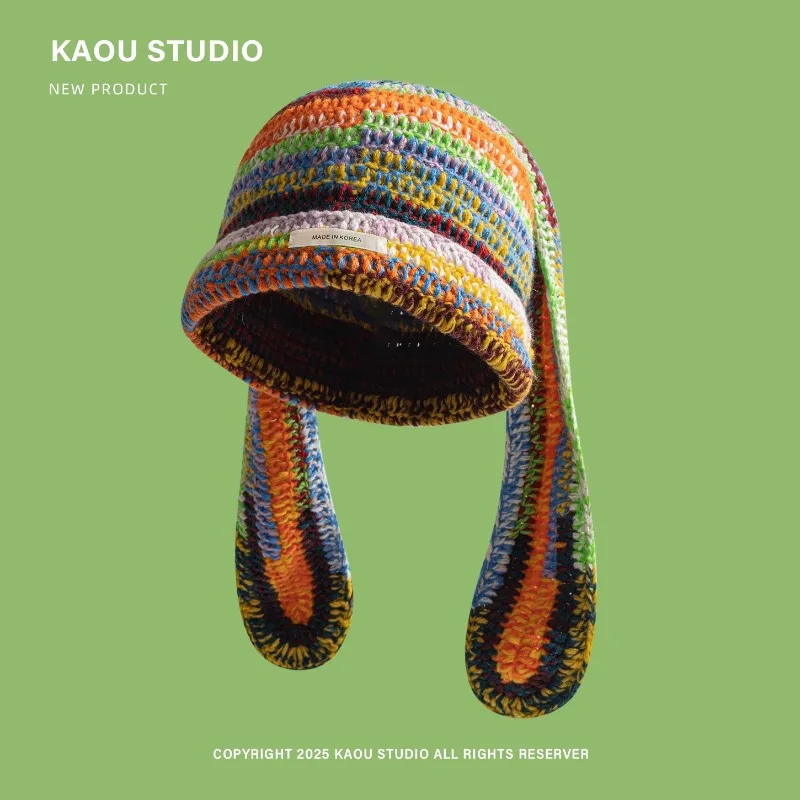 

Ins цветные полосатые длинные кроличьи уши вязаные шапки для женщин зимняя уличная мода универсальная индивидуальная забавная мужская шапка Y2K