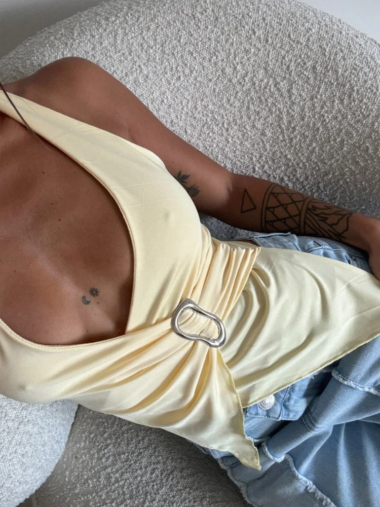Women's White Ring Detail Halter Vest Fashion Sexy Deep V Wrap Front Asymmetric Hem Tank 2026 New Lady's Sleeveless Loose Tops