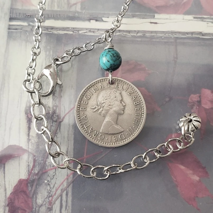 

10Pcs Lucky Sixpence Elizabeth Necklace Wedding Coin Gift December Birthstone Turquoise Women Stainless Steel Jewelry